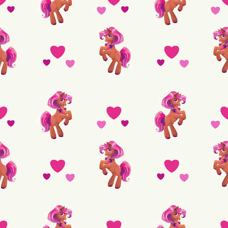 Seamless pattern for girls with cute cartoon little horse and hearts on light background, vector childish texture. Kids style wallpaper printのイラスト素材