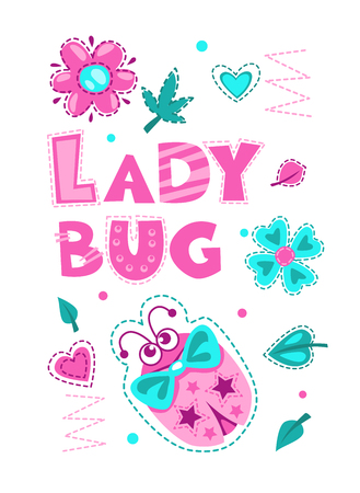 Cute vector girlish illustration with funny ladybug. Pretty vector template for girls t shirt print design. Ladybug art.のイラスト素材