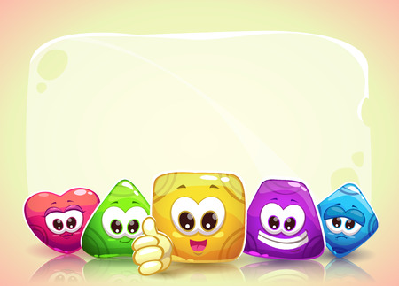 Funny background with cute colorful jelly shape characters and place for text. Vector childish horizontal banner.のイラスト素材
