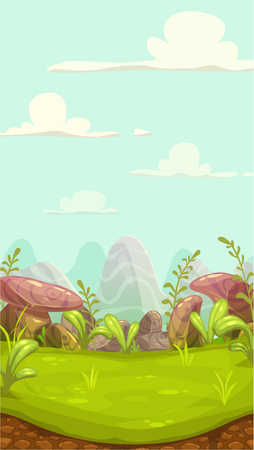 Cartoon meadow landscape with stones, grass,hills and cloudy sky. Vector nature illustration. Vertical game sunny day background for mobile phone screen.のイラスト素材