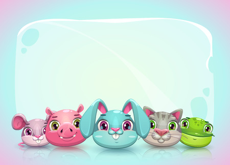 Cute childish horizontal banner template with funny cartoon animal faces and place for text. Funny background with kind pet characters. Vector illustration.のイラスト素材