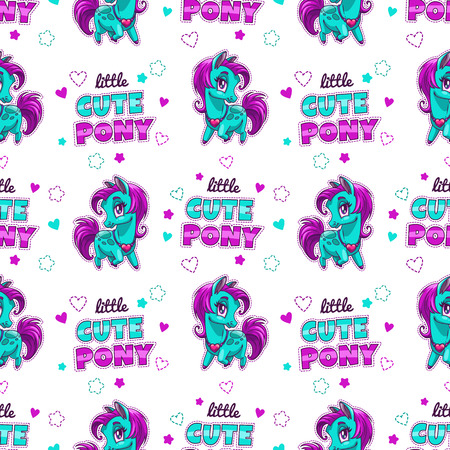 Cute seamless pattern with pretty little pony patches, hearts and slogans on white background. Vector girlish textureのイラスト素材
