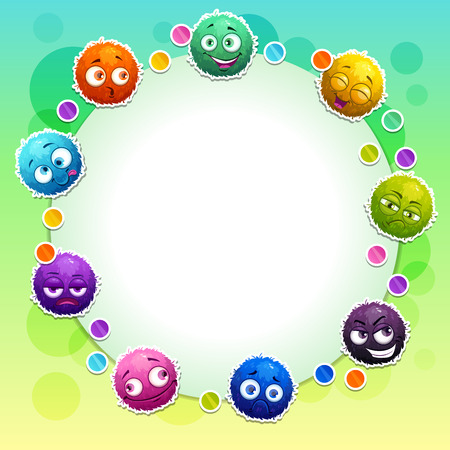 Funny childish banner with cute colorful fluffy round characters.のイラスト素材