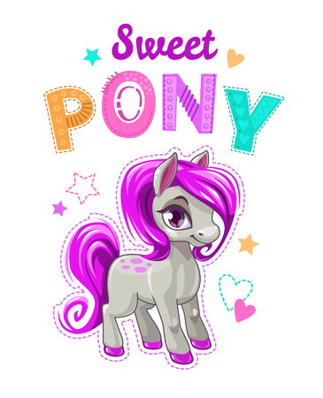 Cute cartoon little horse with purple hair.のイラスト素材