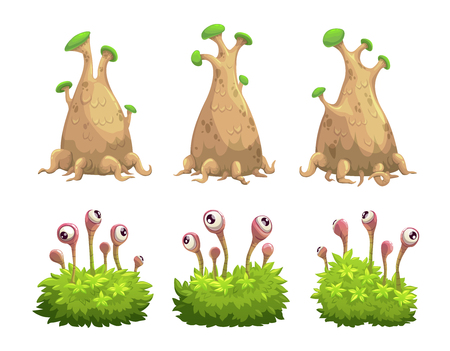 Funny cartoon fantasy trees and bushes set.のイラスト素材