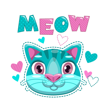 Cute childish print with cat face and hearts.のイラスト素材