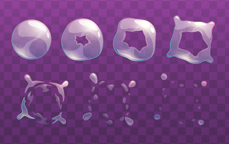 Transparent soap bubble burst sprites. Vector frames for animation. GUI assets.のイラスト素材