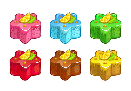 Cartoon colorful cakes set. Sweet icons on white background.のイラスト素材
