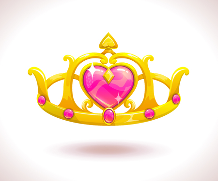 Beautiful golden princess crown with pink ruby hearts. Vector cartoon diadem icon.のイラスト素材
