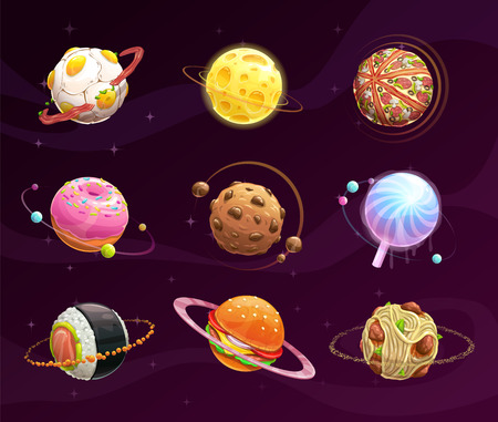 Food planet galaxy concept. Fantasy planets set on cosmic background. Vector space illustration. Tasty astronomy art.のイラスト素材