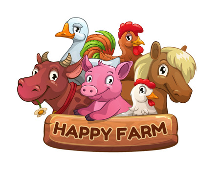 Happy farm title banner for game design. Funny cartoon farm animals with wooden plate. Vector illustration.のイラスト素材