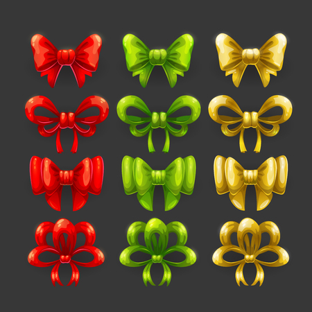 Golden, red and green bow icons set. Vector holiday decorative design elements.のイラスト素材