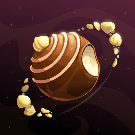 Chocolate candy planet. Fantasy food astronomy concept. Vector illustration.のイラスト素材