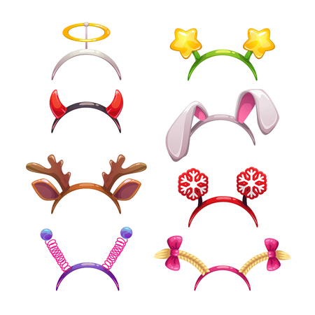 Masquerade head decor, ears and horns for holiday celebration. Funny assets for your photo decoration. New Year masks set. Carnival headdress elements. Vector illustration. Isolated on white.のイラスト素材