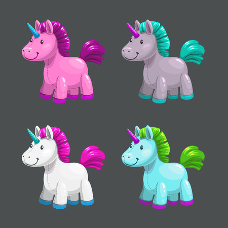 Little cute textile unicorn toy icons set. Vector fantasy pony illustration.のイラスト素材