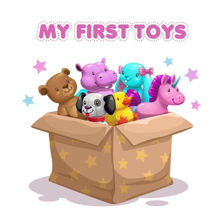 My first toy. Funny textile animal toys in the box. Plush pets collection, vector illustration.のイラスト素材