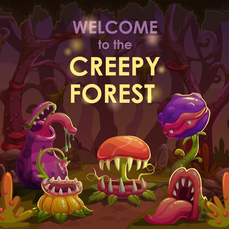 Predator plants on the night forest glade. Scary book cover design.のイラスト素材