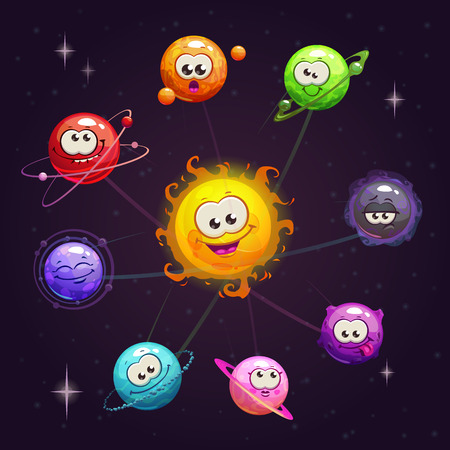 Funny cartoon fantasy solar system with colorful planet and sun characters on the space background. Vector childish astronomic illustration.のイラスト素材