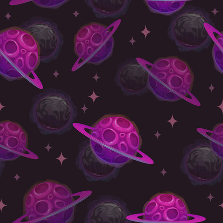 Cartoon astronomic seamless pattern with purple planets and stars on the dark space background. Cosmic texture. Vector illustrationのイラスト素材