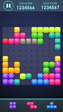 Vertical mobile phone screen with block game playing process. Colorful puzzle elements on the game board.のイラスト素材