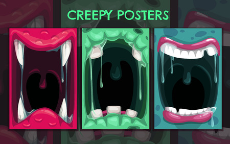 Creepy Halloween backgrounds. Monster mouth posters set. Vector scary illustrations set.のイラスト素材