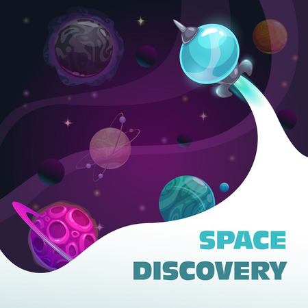 Space discovery concept, fast spaceship start. Fantasy space background with planets and rocket.のイラスト素材