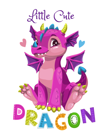 Little cute cartoon pink dragon girl. Fantasy print for girlie t-shirt design. Vector illustration.のイラスト素材