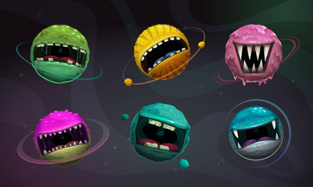 Crazy colorful monster balls. Cartoon fantasy scary planets with giant scary mouths on cosmic...
