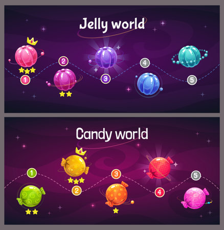 Ingame level up progress screen. Cosmic map with jelly and candy planets.のイラスト素材
