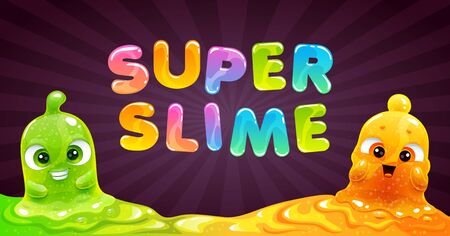 Super slime banner. Vector background with funny slimy characters.のイラスト素材