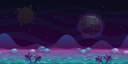 Seamless alien landscape view. Fantasy cartoon background with slimy ground, bubbles, unusual planets and hills.のイラスト素材
