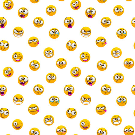 Seamless pattern with funny yellow emoji faces on white background.のイラスト素材