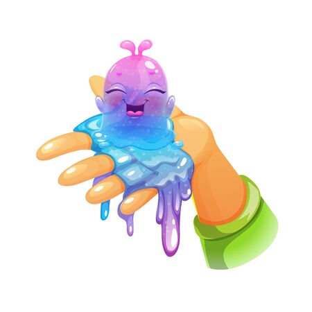 Funny cartoon blue slimy character sitting on the hand. Cute slime toy. Vector illustration.のイラスト素材