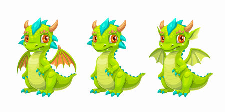 Little cute cartoon green dragon, vector icons.のイラスト素材