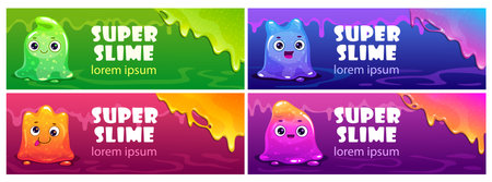 Long banners with cute cartoon jelly monstersのイラスト素材