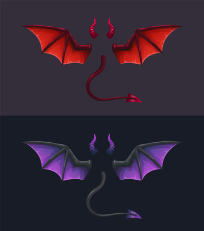 Devil tails, horns and wings on dark background.のイラスト素材