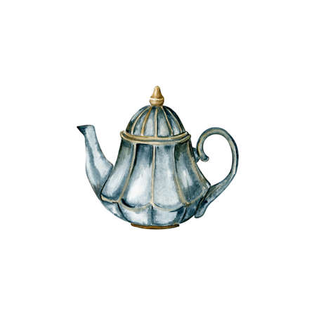 Watercolor romantic birds tea time valentine vintage cup, kettle cake, sweet cookieのイラスト素材