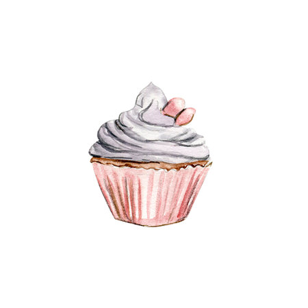 Watercolor romantic birds tea time valentine vintage cup, kettle cake, sweet cookieのイラスト素材