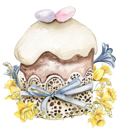 watercolor easter seamless pattern, digital paper, easter srping flower set, leaves ,bouquet, narcissus easter bunny rabbit , cake, wooden house , clockの写真素材