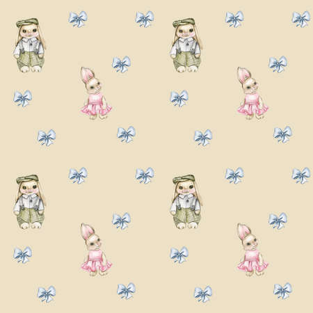 watercolor easter seamless pattern, digital paper, easter srping flower set, leaves ,bouquet, narcissus easter bunny rabbit , cake, wooden house , clockの写真素材