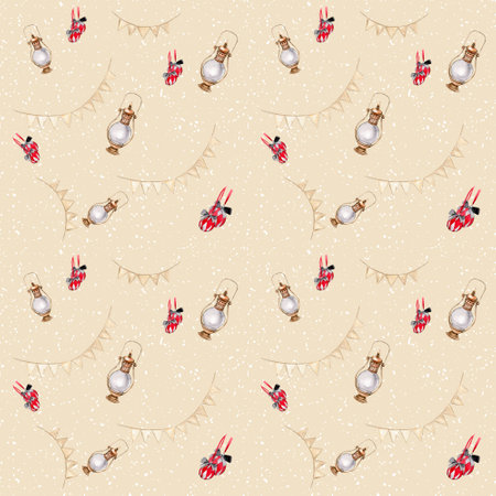 Watercolor Christmas seamless pattern with holiday elements. Winter print with hand drawn vintage illustrations. forest illustrationの写真素材