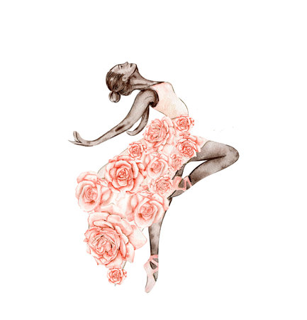 Watercolor dancing ballerina composition with flowers.Pink pretty ballerina. watercolor hand draw illustration. Can be used for cards or posters. With white isolated background. ilのイラスト素材