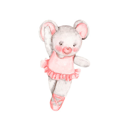 Watercolor hand drawn of gray mouse ballerina in pink dress. Cute dancing mice, watercolor illustration, animal with cartoon character. Perfect for greeting card, print design, wedのイラスト素材