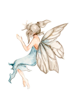 Watercolor cartoon fairy with magic wings. Watercolor hand draw fairy tale illustration. Illustration with white isolated background. Perfect for greeting card, posterの写真素材