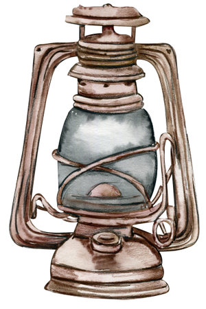 Watercolor illustration of rusty lamp. An old rusty enamel element. Hand-drawn in watercolor on a white background. Perfect for wedding invitation, greetings card, posters, party dの写真素材