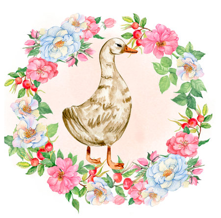 Watercolor composition of an flower frame with goose. Hand-drawn illustration with watercolor on a white background. Perfect for wedding invitation, greetings card,baby shower parの写真素材