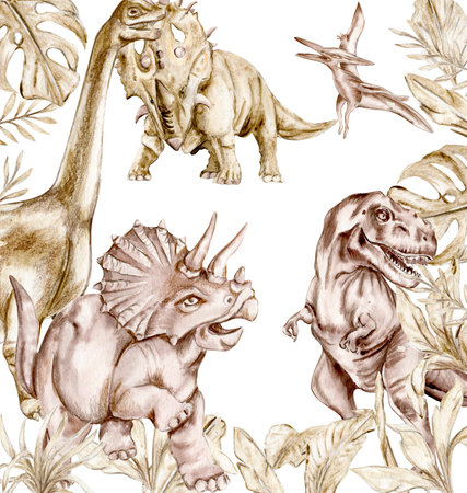 Watercolor hand drawn illustration of dinosaurs on a white background. Perfect for nursery poster decoration, wedding invitation, greetings card, party decor. hand painted dino. Foの写真素材