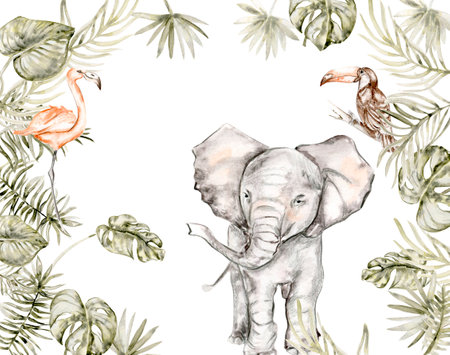 Watercolor frame from the jungle animals and a palm tree branch on a white background. Perfect for nursery poster decoration, wedding invitation, greetings card, party decor.の写真素材