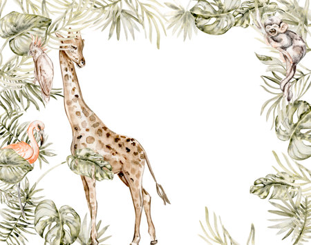Watercolor frame from the jungle animals and a palm tree branch on a white background. Perfect for nursery poster decoration, wedding invitation, greetings card, party decor.の写真素材