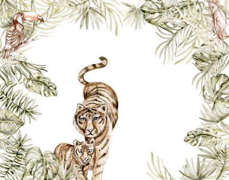 Watercolor frame from the jungle animals and a palm tree branch on a white background. Perfect for nursery poster decoration, wedding invitation, greetings card, party decor.の写真素材